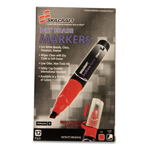 AbilityOne 7520015105661, SKILCRAFT Dry Erase Marker, Broad Chisel Tip, Red, Dozen View Product Image