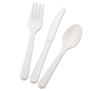 AbilityOne 7360015643560, SKILCRAFT Biobased Cutlery Set with Knife, Spoon and Fork, Plastic, White, 400/Box View Product Image