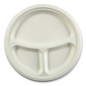 AmerCareRoyal Bagasse PFAS-Free Dinnerware, 3-Compartment Plate, 10.24" dia, White, 500/Carton (RPPPL11NPFA) View Product Image