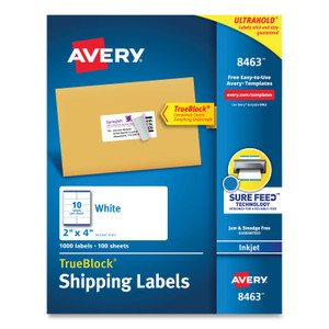 Avery Shipping Labels w/ TrueBlock Technology, Inkjet Printers, 2 x 4, White, 10/Sheet, 100 Sheets/Box (AVE8463) View Product Image