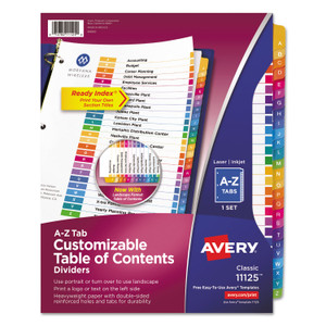 Avery Customizable TOC Ready Index Multicolor Tab Dividers, 26-Tab, A to Z, 11 x 8.5, White, Traditional Color Tabs, 1 Set (AVE11125) View Product Image