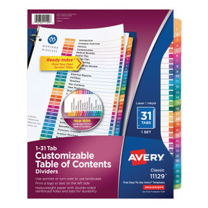 Avery Customizable TOC Ready Index Multicolor Tab Dividers, 31-Tab, 1 to 31, 11 x 8.5, White, Traditional Color Tabs, 1 Set (AVE11129) View Product Image