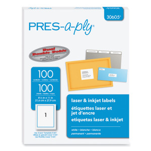 PRES-a-ply Labels, Laser Printers, 8.5 x 11, White, 100/Box (AVE30605) View Product Image