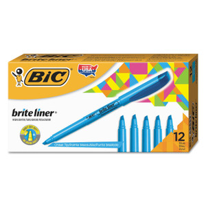 BIC Brite Liner Highlighter, Fluorescent Blue Ink, Chisel Tip, Blue/Black Barrel, Dozen (BICBL11BE) View Product Image