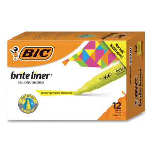 BIC Brite Liner Tank-Style Highlighter, Fluorescent Yellow Ink, Chisel Tip, Yellow/Black Barrel, Dozen (BICBLMG11YW) View Product Image