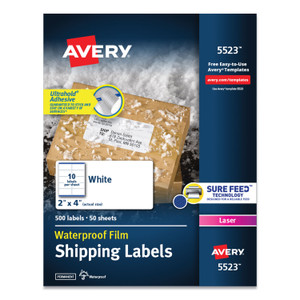 Avery Waterproof Shipping Labels with TrueBlock and Sure Feed, Laser Printers, 2 x 4, White, 10/Sheet, 50 Sheets/Pack (AVE5523) View Product Image