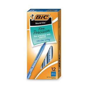 BIC Round Stic Xtra Precision Ballpoint Pen, Stick, Fine 0.8 mm, Blue Ink, Translucent Blue Barrel, Dozen (BICGSF11BE) View Product Image