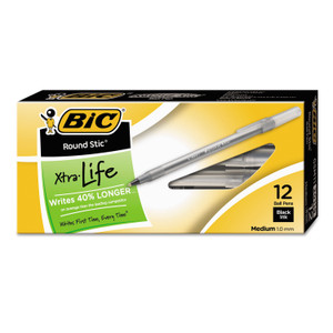 BIC Round Stic Xtra Life Ballpoint Pen, Stick, Medium 1 mm, Black Ink, Smoke Barrel, Dozen (BICGSM11BK) View Product Image