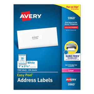 Avery Easy Peel White Address Labels w/ Sure Feed Technology, Laser Printers, 1 x 2.63, White, 30/Sheet, 250 Sheets/Pack (AVE5960) View Product Image