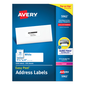 Avery Easy Peel White Address Labels w/ Sure Feed Technology, Laser Printers, 1.33 x 4, White, 14/Sheet, 250 Sheets/Box (AVE5962) View Product Image