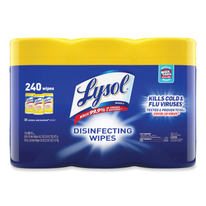 LYSOL Brand Disinfecting Wipes, 1-Ply, 7 x 7.25, Lemon and Lime Blossom, White, 80 Wipes/Canister, 3 Canisters/Pack (RAC84251PK) View Product Image