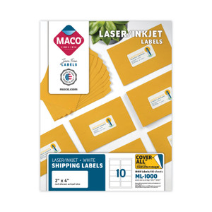 MACO Cover-All Opaque Laser/Inkjet Shipping Labels, Inkjet/Laser Printers, 2 x 4, White, 10 Labels/Sheet, 100 Sheets/Box (MACML1000) View Product Image