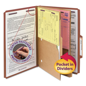 Smead 6-Section Pressboard Top Tab Pocket Classification Folders, 6 SafeSHIELD Fasteners, 2 Dividers, Legal Size, Red, 10/Box (SMD19079) View Product Image