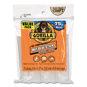 Gorilla Mini Hot Glue Sticks, 0.27" dia x 4", Dries Clear, 75/Pack (GOR3027502) View Product Image