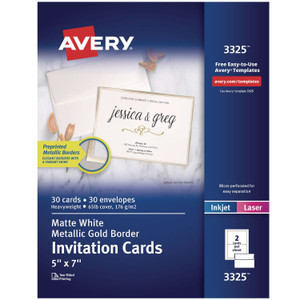 Avery Invitation Cards with Metallic Border, Inkjet/Laser, 80 lb, 5 x 7, Matte White, 2 Cards/Sheet, 15 Sheets/Pack View Product Image