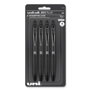 uniball 207 Plus+ Gel Pen, Retractable, Medium 0.7 mm, Black Ink, Black Barrel, 4/Pack (UBC70460) View Product Image