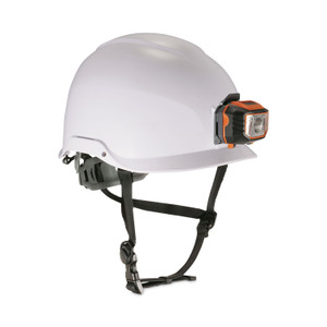 ergodyne Skullerz 8974LED Class E Safety Helmet w/8981 Universal LED Headlamp, 6-Pt Ratchet Susp, White, Ships in 1-3 Business Days (EGO60201) View Product Image