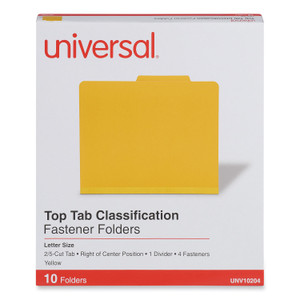 Universal Bright Colored Pressboard Classification Folders, 2" Expansion, 1 Divider, 4 Fasteners, Letter Size, Yellow Exterior, 10/Box (UNV10204) View Product Image