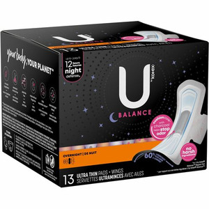 U by Kotex Ultra Thin Overnight Pads - With Wings - Individually Wrapped, Anti-leak, Absorbent, Odor-absorbing - 13/Box Product Image 