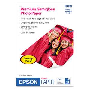 Epson Premium Semigloss Photo Paper, 7 mil, 4 x 6, Semi-Gloss White, 40/Pack View Product Image