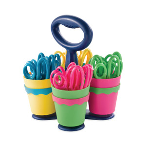 Westcott Scissor Caddy with Kids' Scissors, Pointed Tip, 5" Long, 2" Cut Length, Straight Assorted Color Handles, 24/Set View Product Image