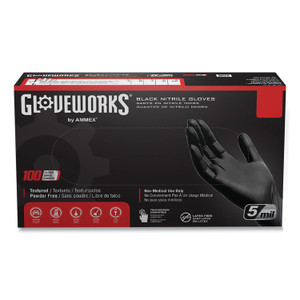 GloveWorks by AMMEX Industrial Nitrile Gloves, Powder-Free, 5 mil, X-Large, Black, 100 Gloves/Box, 10 Boxes/Carton View Product Image