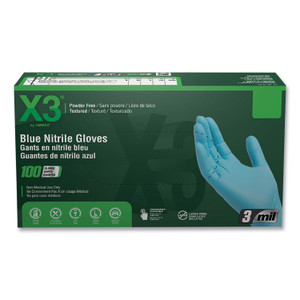 X3 by AMMEX Industrial Nitrile Gloves, Powder-Free, 3 mil, Large, Blue, 100/Box, 10 Boxes/Carton (AXCX346100) View Product Image