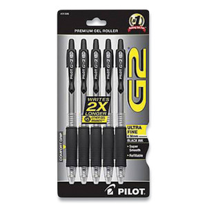 Pilot G2 Premium Gel Pen, Retractable, Extra-Fine 0.38 mm, Black Ink, Clear/Black Barrel, 5/Pack View Product Image