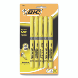 BIC Brite Liner Grip Pocket Highlighter, Fluorescent Yellow Ink, Chisel Tip, Yellow/Black/Silver Barrel, 5/Pack View Product Image