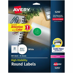 Avery Round High Visibility Labels - 1 21/32" Diameter - Permanent Adhesive - Round - Inkjet, Laser - White Product Image 
