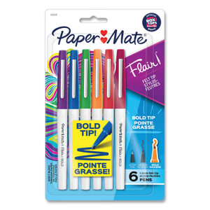 Paper Mate Flair Felt Tip Porous Point Pen, Stick, Bold 1.2 mm, Assorted Ink Colors, White Pearl Barrel, 6/Pack View Product Image