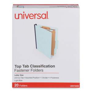 Universal Four-Section Pressboard Classification Folders, 1.75" Expansion, 1 Divider, 4 Fasteners, Letter Size, Light Blue, 20/Box View Product Image