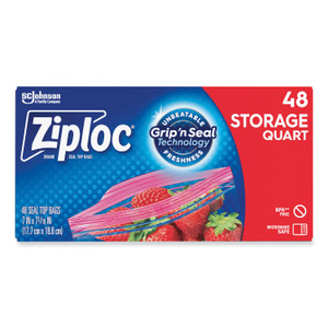 Ziploc Double Zipper Storage Bags, 1 qt, 1.75 mil, 9.63" x 8.5", Clear, 48/Box (SJN314469BX) View Product Image