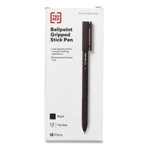TRU RED Gripped Ballpoint Pen, Stick, Medium 1 mm, Black Ink, Black Barrel, Dozen View Product Image