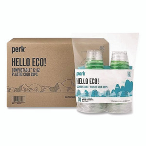 Perk Eco-ID Compostable PLA Corn Plastic Cold Cups, 12 oz, Clear/Green, 50/Pack, 6 Packs/Carton View Product Image