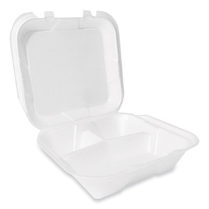 Plastifar Foam Hinged Lid Container, Secure Two Tab Latch, Poly Bag, 3 Compartments, 9 x 9 x 3, White, 100/Bag, 2 Bags/Carton View Product Image