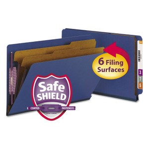 Smead End Tab Pressboard Classification Folders, Six SafeSHIELD Fasteners, 2" Expansion, 2 Dividers, Legal Size, Dark Blue, 10/Box View Product Image