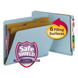 Smead End Tab Pressboard Classification Folders, Six SafeSHIELD Fasteners, 2" Expansion, 2 Dividers, Letter Size, Blue, 10/Box View Product Image