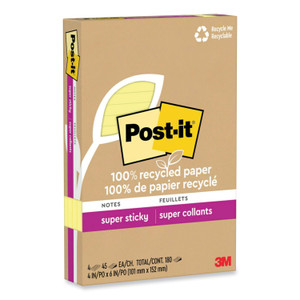 Post-it Notes Super Sticky 100% Recycled Paper Super Sticky Notes, Ruled, 4" x 6", Canary Yellow, 45 Sheets/Pad, 4 Pads/Pack View Product Image