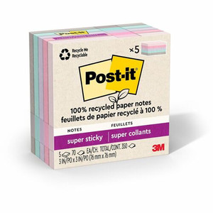 Post-it Recycled Super Sticky Notes - 70 - 3" Flag/Note Width x 3" Flag/Note Length - Square - 70 Sheets per Pad - Wanderlust Pastels - (MMM654R5SSNRP) Product Image 