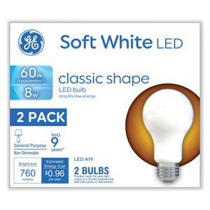 GE Classic LED Non-Dim A19 Light Bulb, 8 W, Soft White, 2/Pack View Product Image