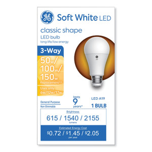 GE Classic LED SW Non-Dim A19 3-Way Light Bulb, 6 W; 12 W; 17 W, Soft White View Product Image