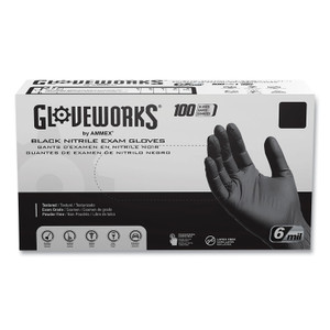 GloveWorks by AMMEX Nitrile Exam Gloves, Powder-Free, 6 mil, Large, Black, 100 Gloves/Box, 10 Boxes/Carton View Product Image