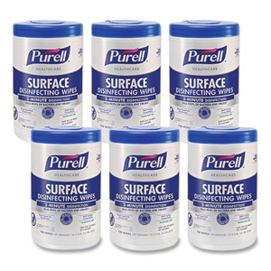 PURELL Healthcare Surface Disinfecting Wipes, 1-Ply, 7" x 10", Unscented, White, 110 Wipes/Canister, 6 Canisters/Carton View Product Image