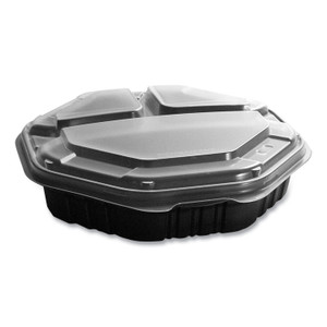 SOLO OctaView Hinged-Lid Hot Food Containers, 3 Compartments, 38 oz, 9.55 x 9.1 x 2.4, Black/Clear, Plastic, 100/Carton View Product Image