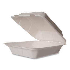 Vegware White Molded Fiber Clamshell Container, Compostable, 7.9 x 7.9 x 2.9, White, Sugarcane, 200/Carton View Product Image