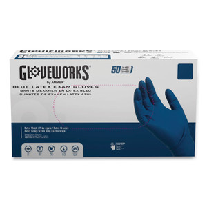 GloveWorks by AMMEX Blue Latex Exam Gloves, Powder-Free, Large, 50 Gloves/Box, 10 Boxes/Carton View Product Image