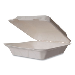 Vegware White Molded Fiber Clamshell Containers, Compostable, 9 x 9 x 3, White, Sugarcane, 200/Carton View Product Image