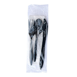 Boardwalk Four-Piece Cutlery Kit, Mediumweight, Fork/Knife/Napkin/Spoon, Plastic, 6.38", Black, 250/Carton View Product Image
