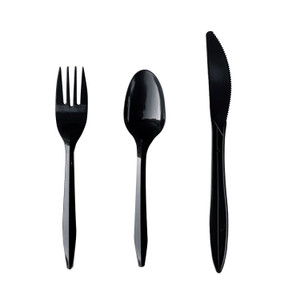 Boardwalk Three-Piece Polypropylene Cutlery Kit, Mediumweight, Fork/Knife/Spoon, Plastic, Black, 250/Carton View Product Image